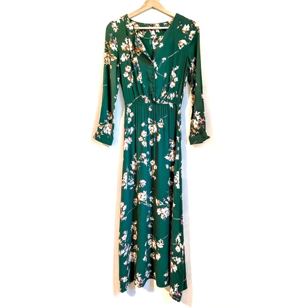 Green Floral Long Sleeve Maxi Dress Cotton S
